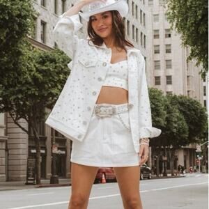 Show Me Your Mumu Getting Hitched Rhinestone White Denim Jacket Small